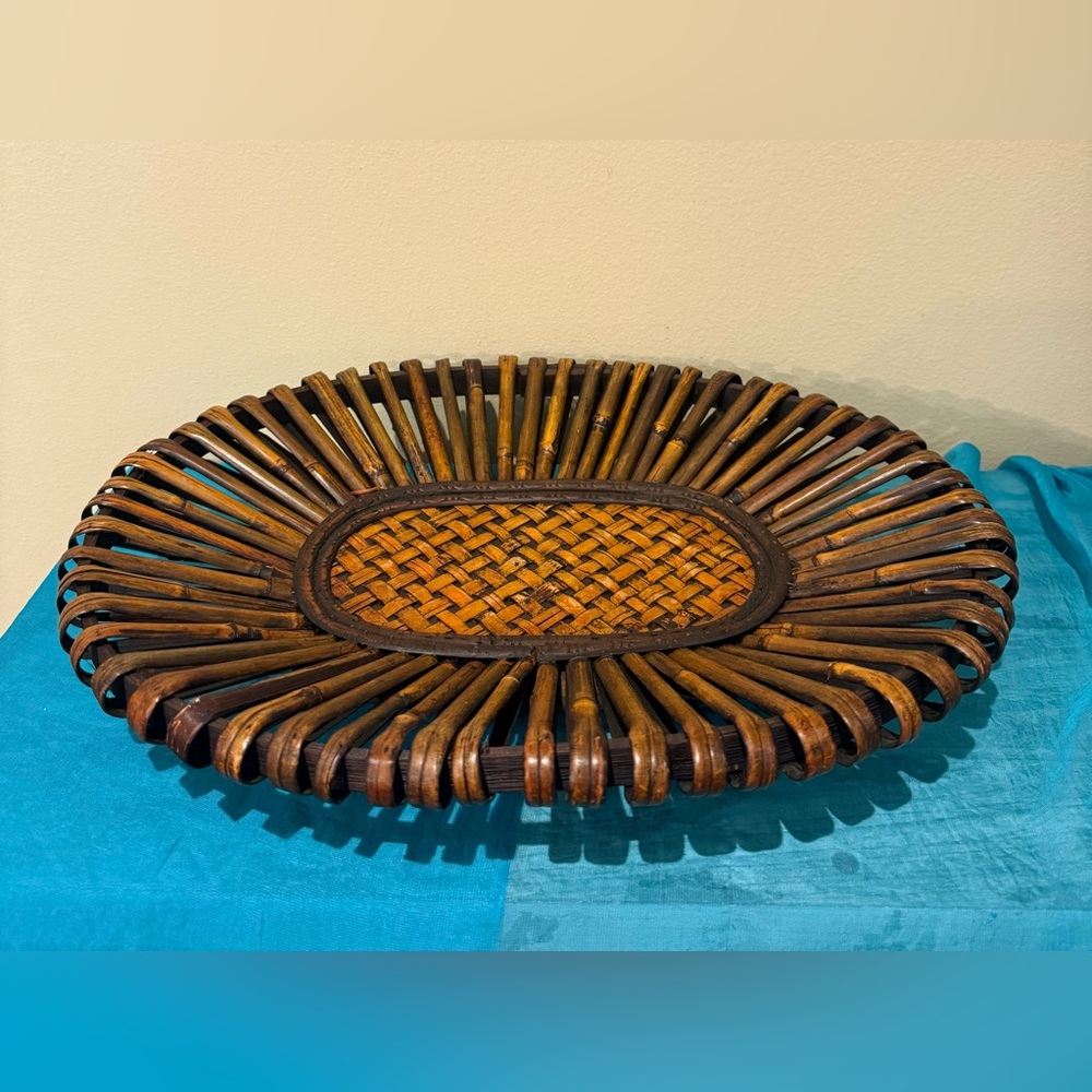 Vintage Rattan Woven Basket Trim Slanted Wood MCM 16” x 12” Oval Tray